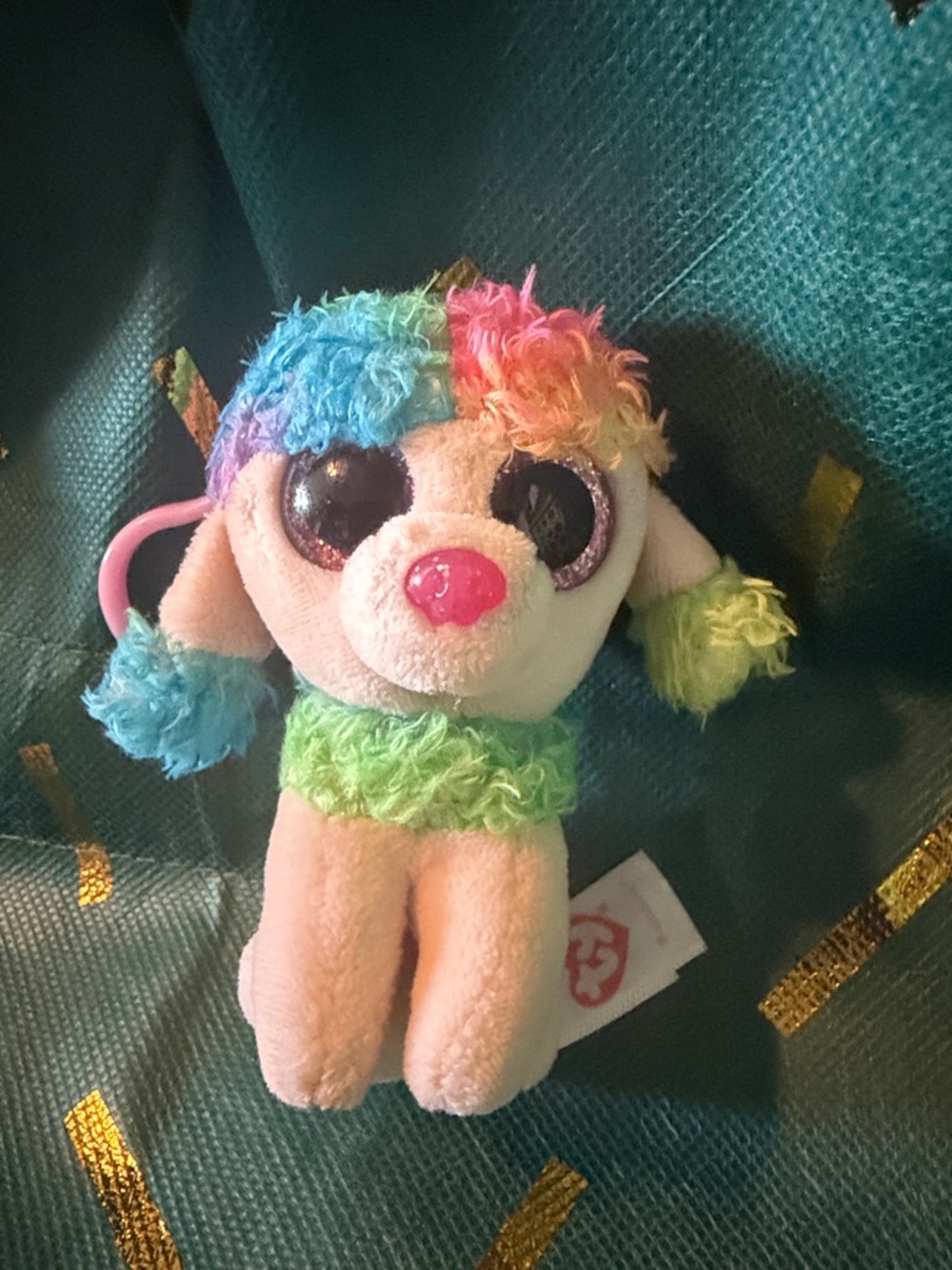 Ty Pastel Rainbow Puppy Keychain - Pink, Blue, Green